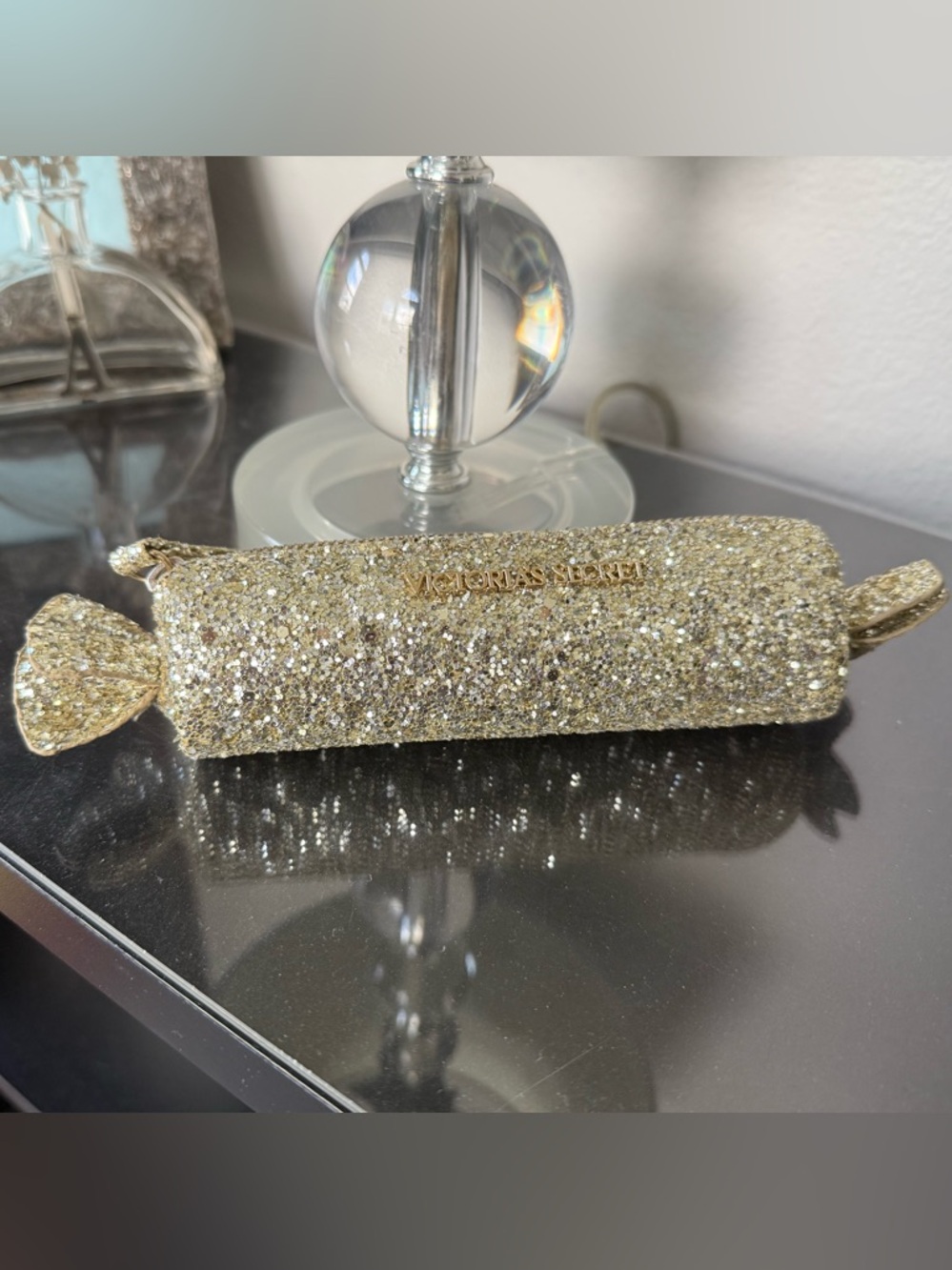 Victoria's Secret Glitter Sparkle Candy Wrapper tiny zipper Bag Silver & Gold